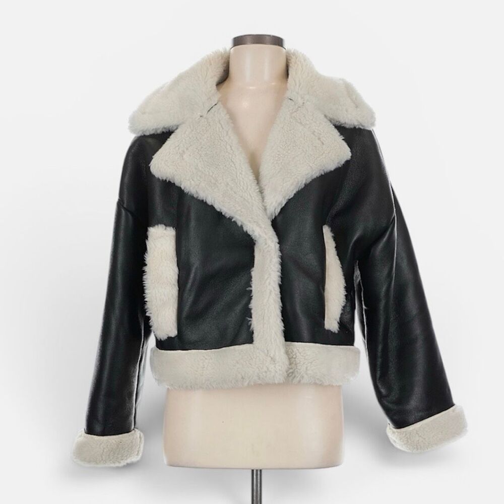 Abercrombie & Fitch Black Sherpa Faux Fur Fake Leather Jacket Coat Medium